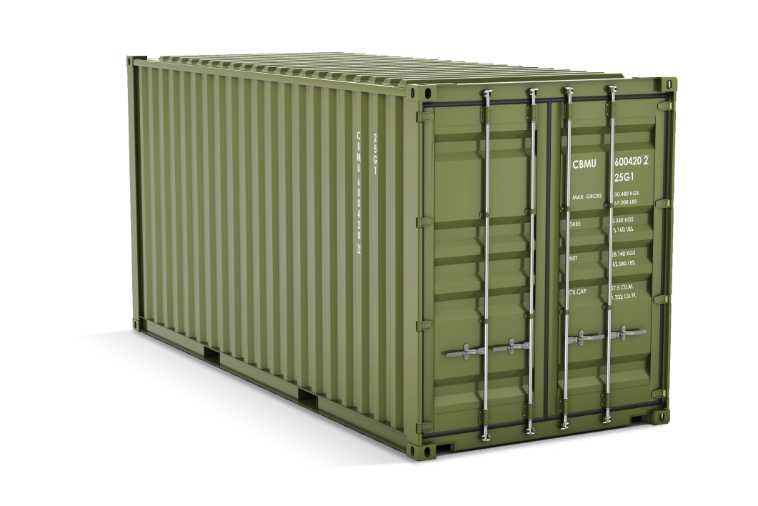 En mörkgrön container sett snett framifrån.