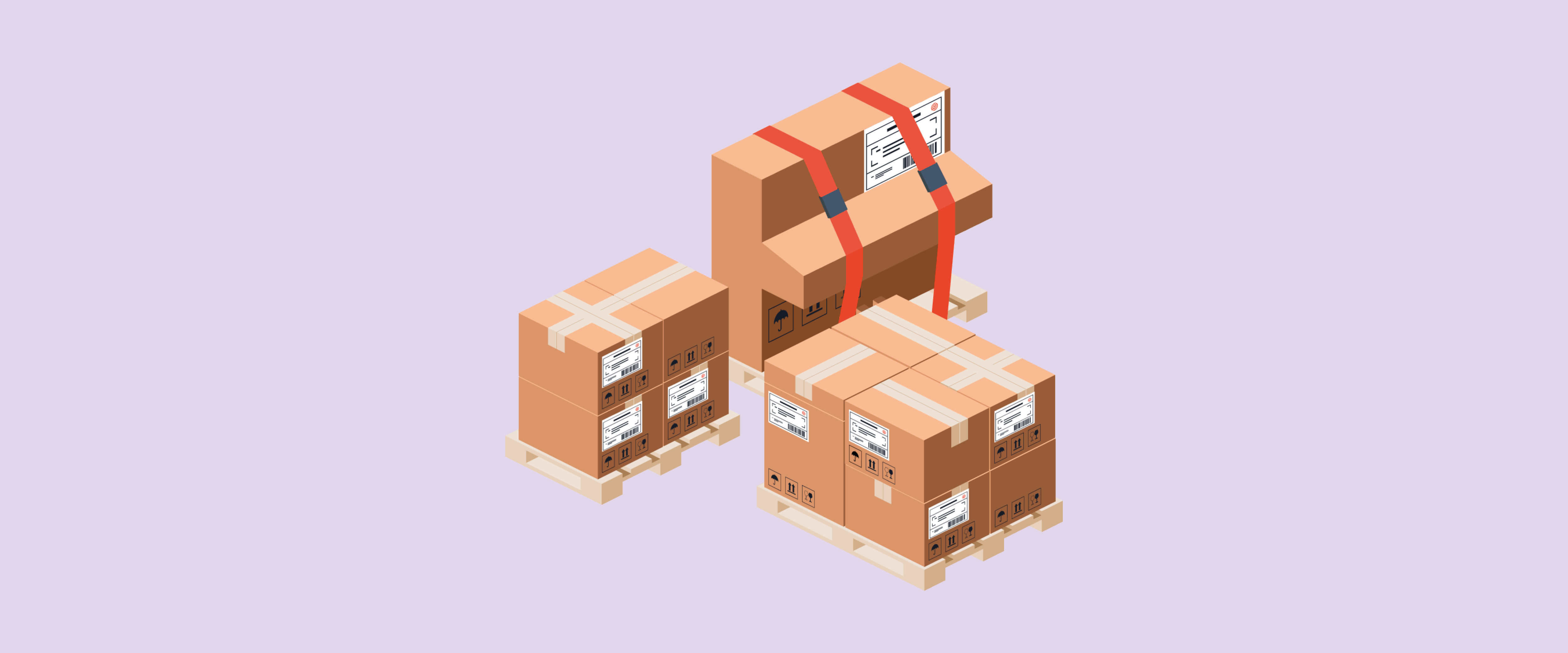 3 st tecknade EU-pallar med kartonger ovanpå sig på lila bakgrund