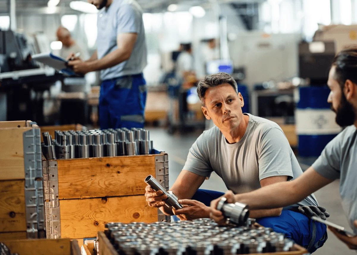 Man sitting in front of packages holding a tube in his hands.